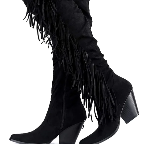 Thigh High Suede Fringe Boots - Picture 1 of 3